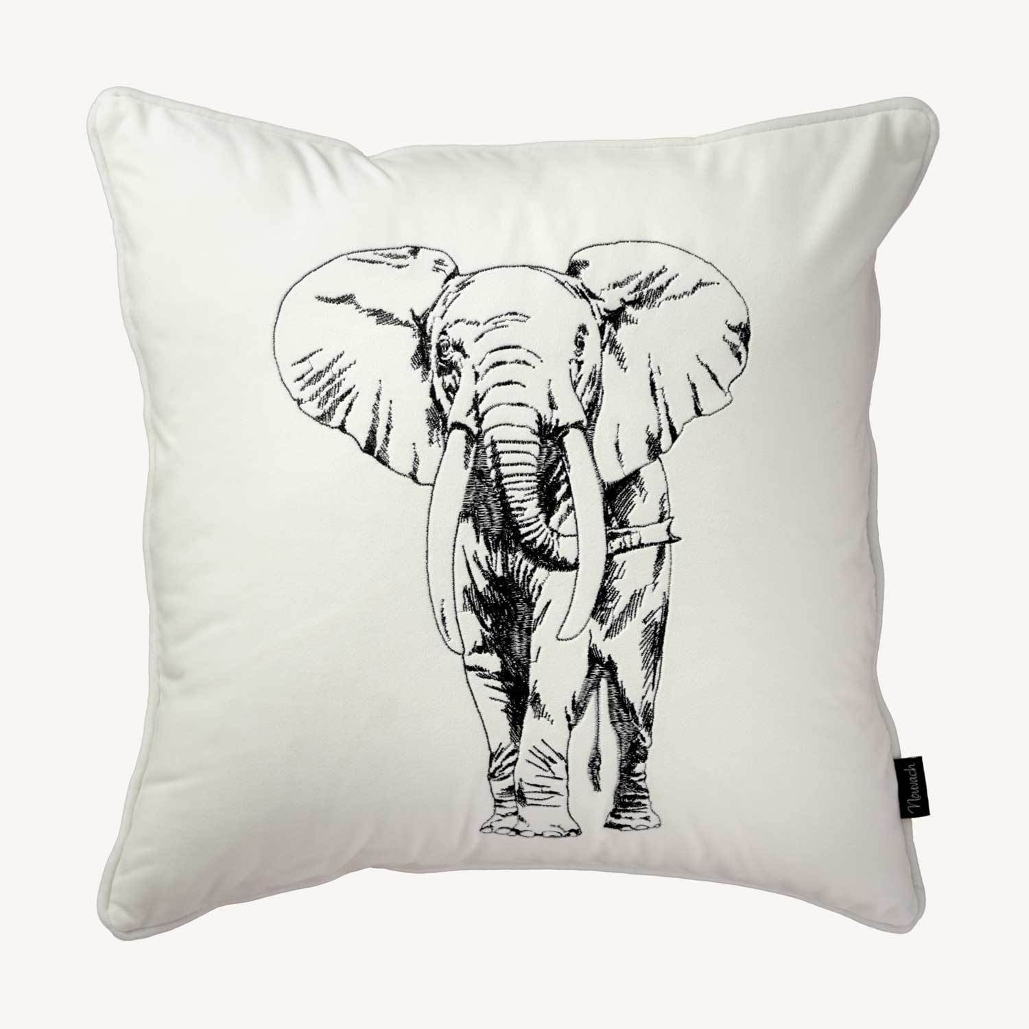 vitt kuddfodral i sammet med motiv på en elefant och storlek 45x45cm